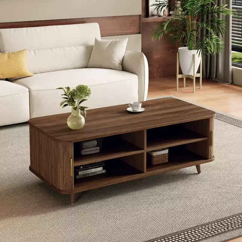 Table basse de rangement moderne avec portes coulissantes et étagères réglables