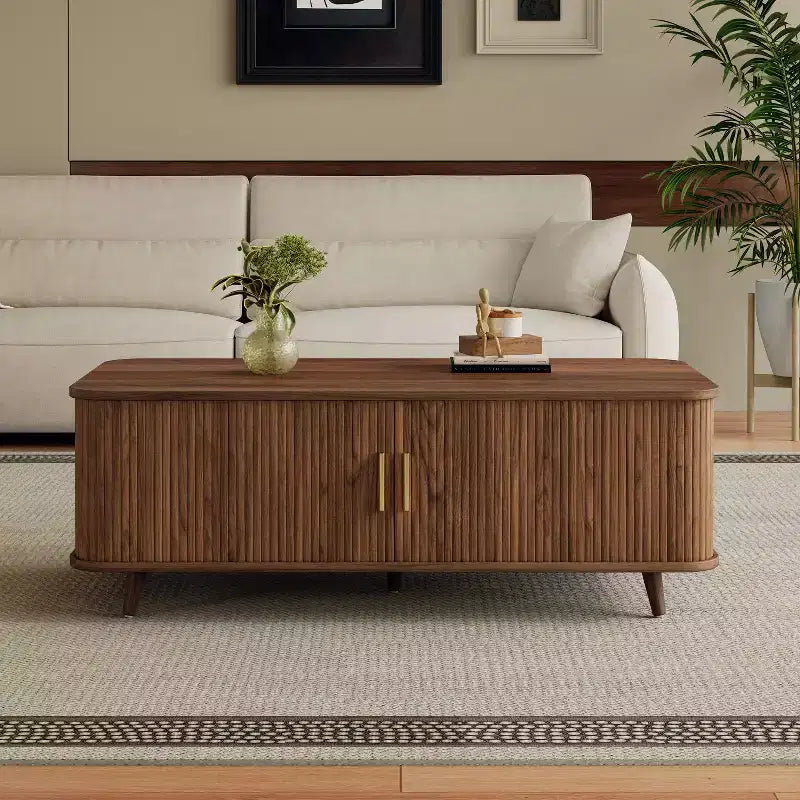 Table basse de rangement moderne avec portes coulissantes et étagères réglables