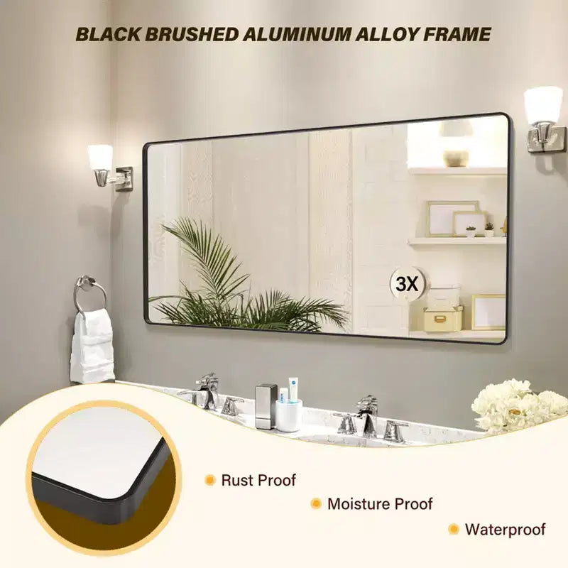 Miroir de salle de bain encadré en métal noir 72x36 avec loupe 3x, horizontal/vertical