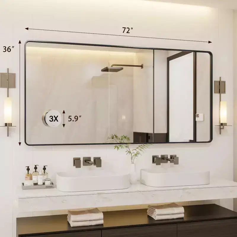 Miroir de salle de bain encadré en métal noir 72x36 avec loupe 3x, horizontal/vertical