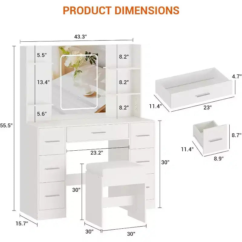 Coiffeuse avec miroir et chaise, 7 tiroirs et 6 étagères de rangement pour chambre.