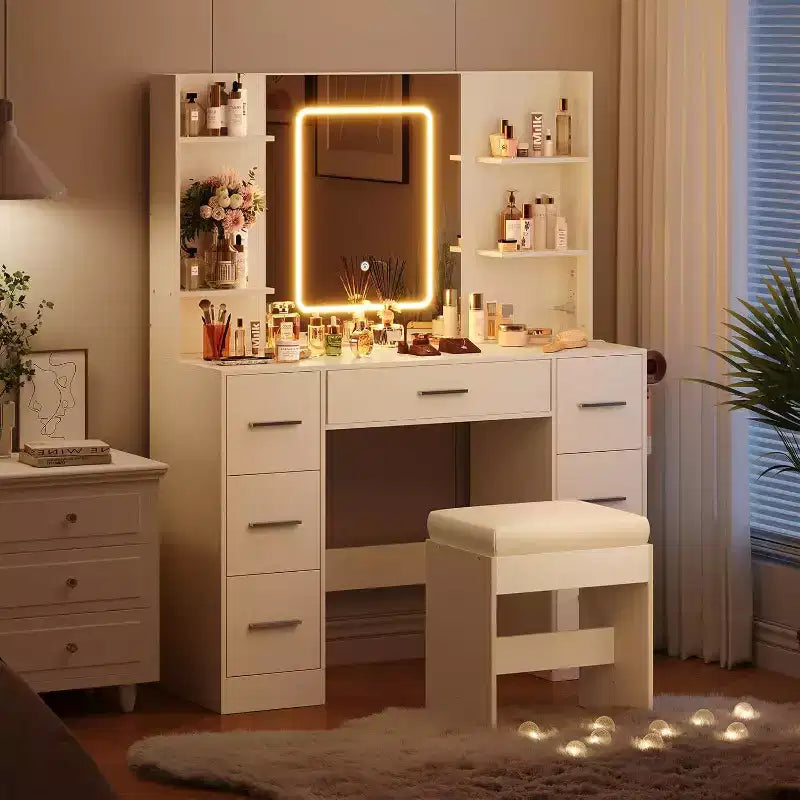 Coiffeuse avec miroir et chaise, 7 tiroirs et 6 étagères de rangement pour chambre.