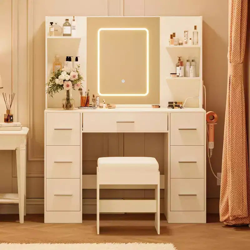Coiffeuse avec miroir et chaise, 7 tiroirs et 6 étagères de rangement pour chambre.