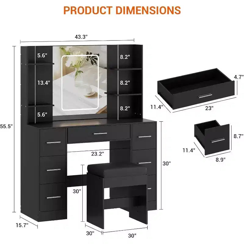 Coiffeuse avec miroir et chaise, 7 tiroirs et 6 étagères de rangement pour chambre.