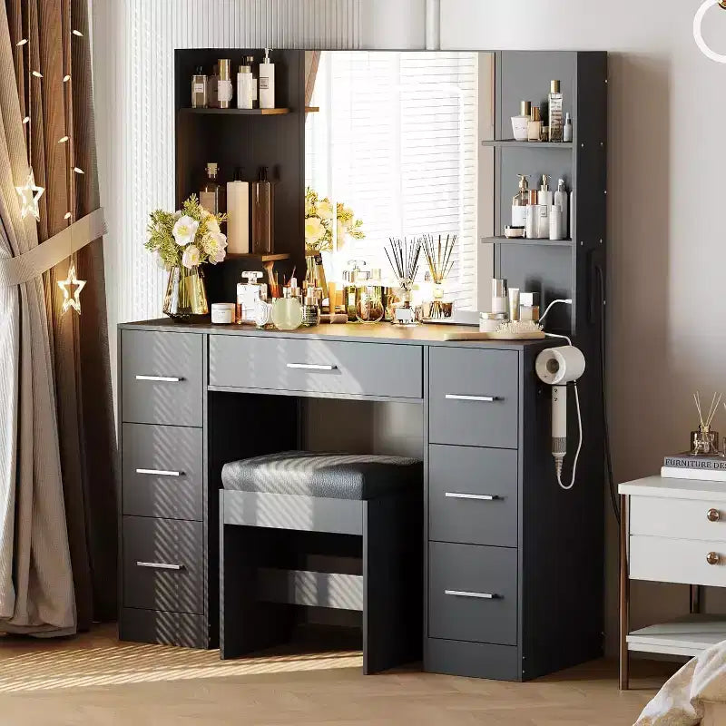 Coiffeuse avec miroir et chaise, 7 tiroirs et 6 étagères de rangement pour chambre.
