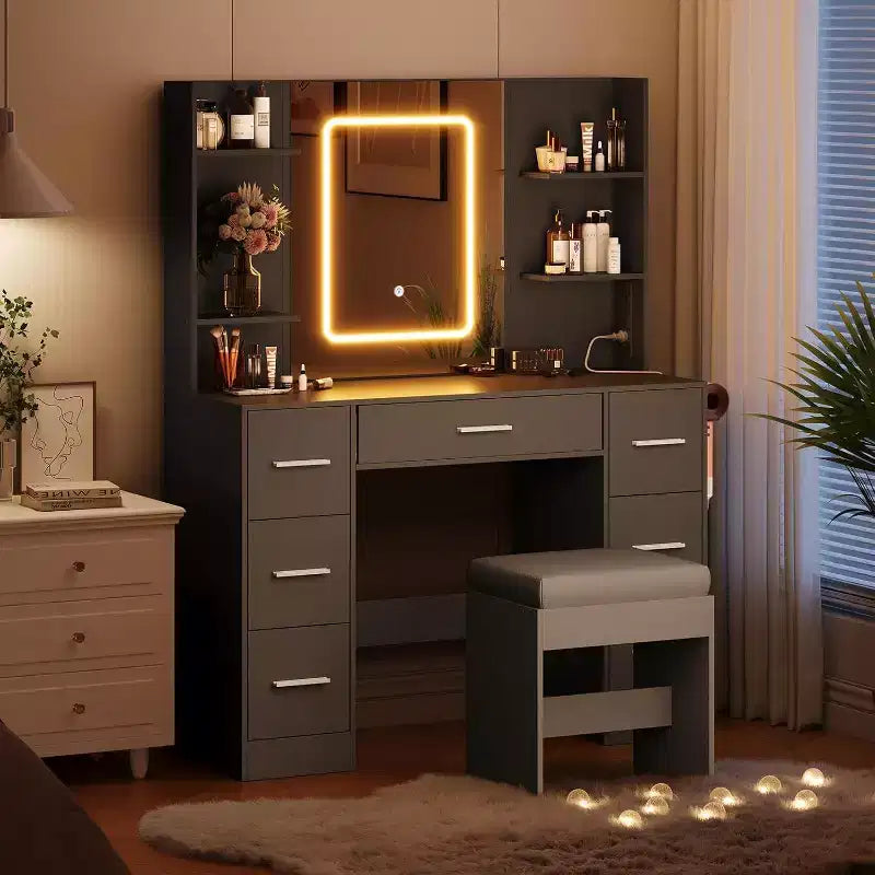 Coiffeuse avec miroir et chaise, 7 tiroirs et 6 étagères de rangement pour chambre.