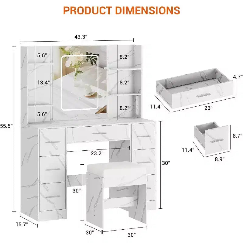 Coiffeuse avec miroir et chaise, 7 tiroirs et 6 étagères de rangement pour chambre.
