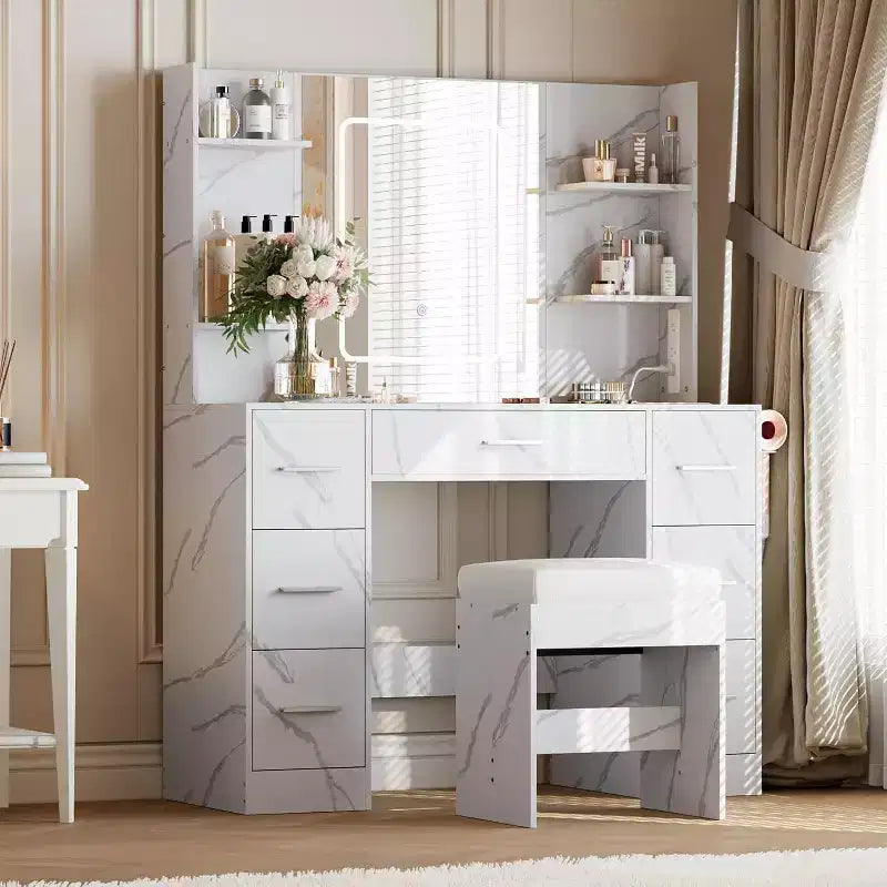 Coiffeuse avec miroir et chaise, 7 tiroirs et 6 étagères de rangement pour chambre.