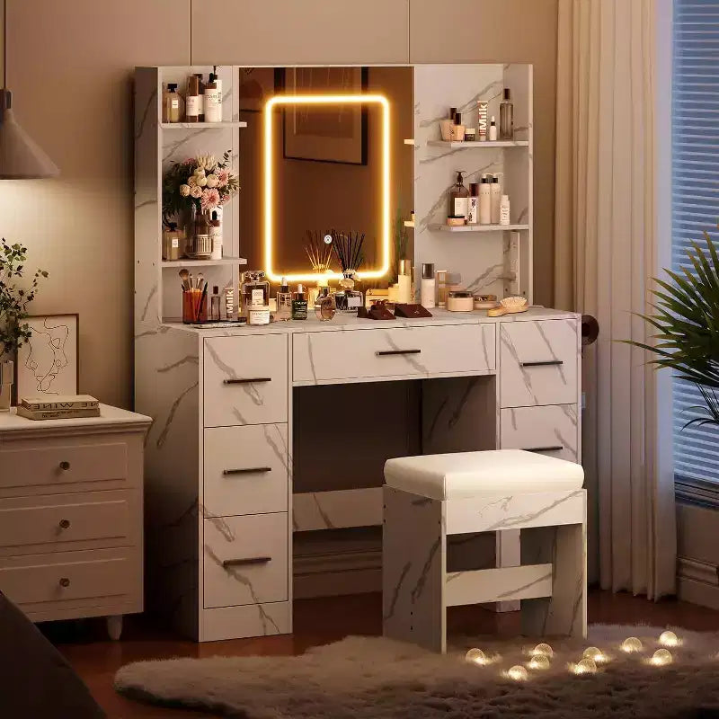 Coiffeuse avec miroir et chaise, 7 tiroirs et 6 étagères de rangement pour chambre.