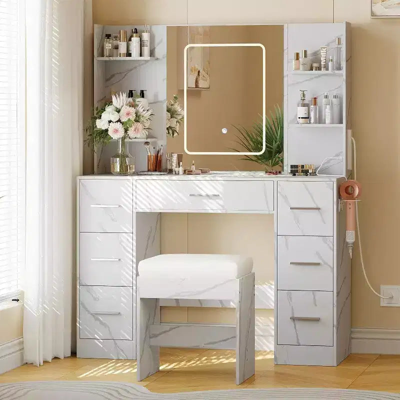 Coiffeuse avec miroir et chaise, 7 tiroirs et 6 étagères de rangement pour chambre.