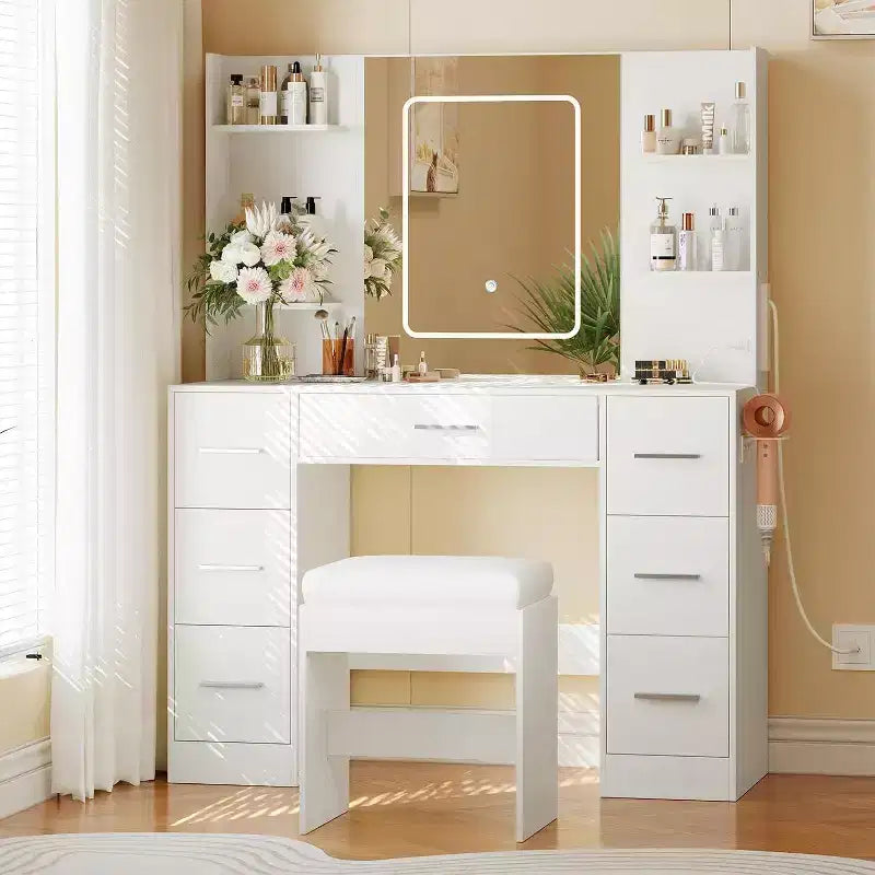 Coiffeuse avec miroir et chaise, 7 tiroirs et 6 étagères de rangement pour chambre.