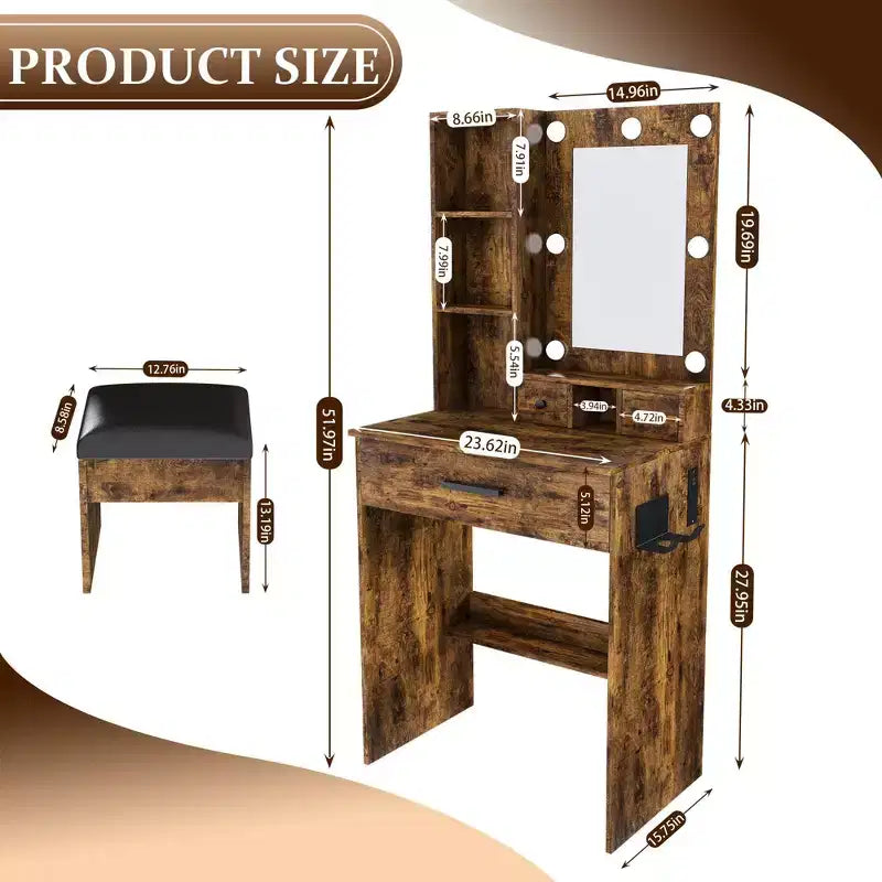Coiffeuse moderne avec miroir, lumières LED réglables, prise de courant et tabouret