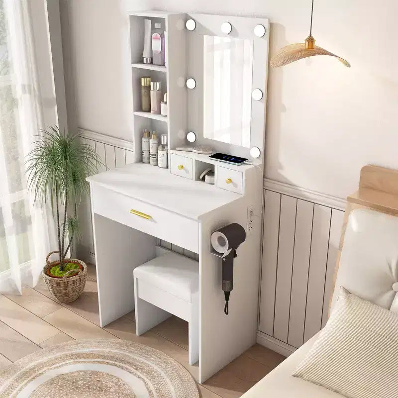 Coiffeuse moderne avec miroir, lumières LED réglables, prise de courant et tabouret