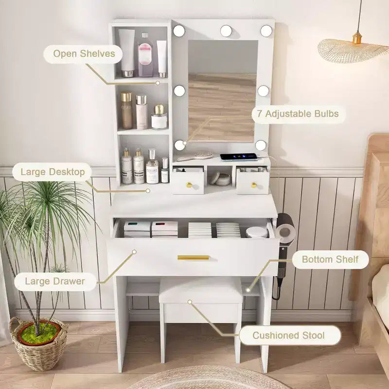 Coiffeuse moderne avec miroir, lumières LED réglables, prise de courant et tabouret