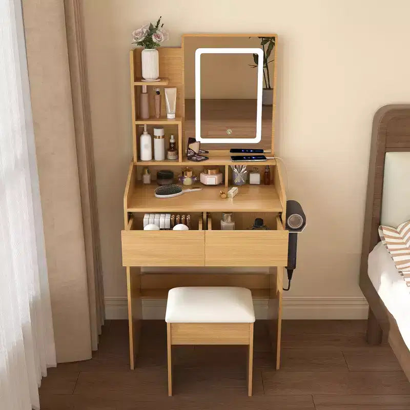 Coiffeuse moderne avec miroir, lumières LED réglables, prise de courant et tabouret
