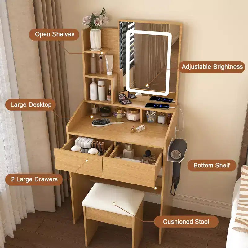 Coiffeuse moderne avec miroir, lumières LED réglables, prise de courant et tabouret