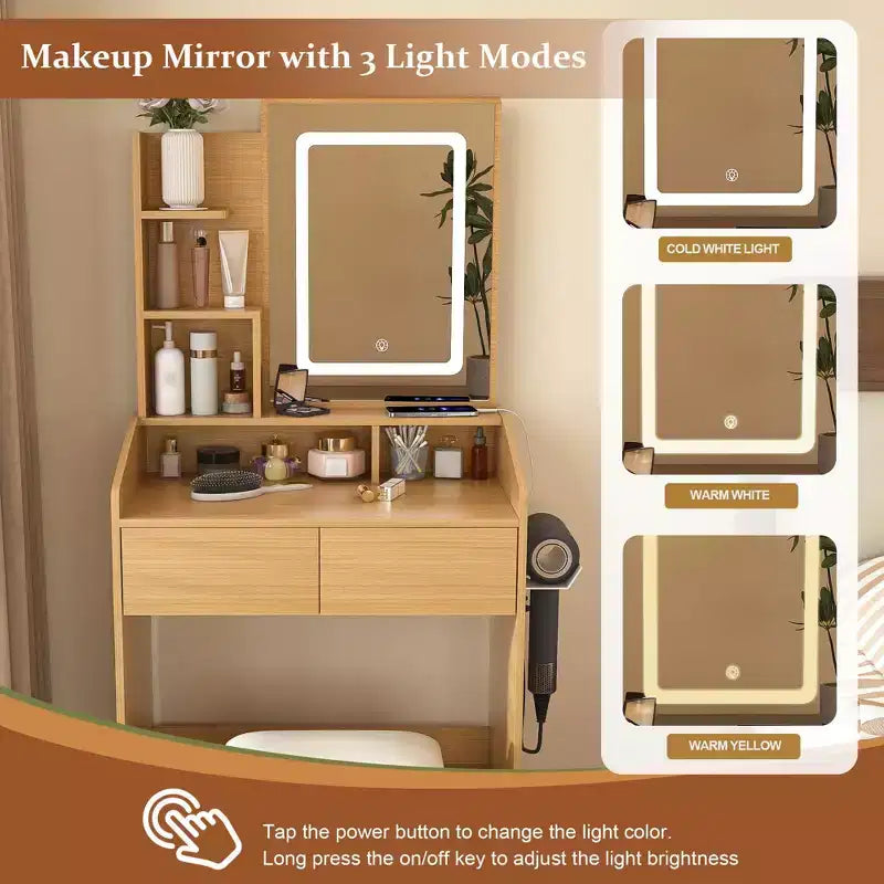 Coiffeuse moderne avec miroir, lumières LED réglables, prise de courant et tabouret