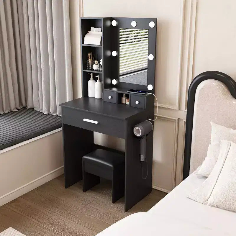 Coiffeuse moderne avec miroir, lumières LED réglables, prise de courant et tabouret