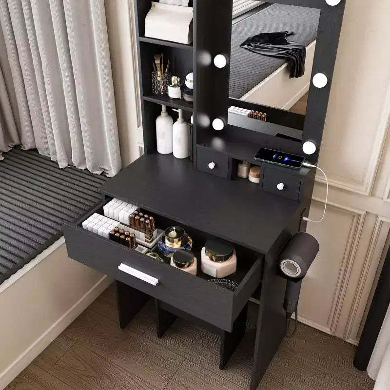 Coiffeuse moderne avec miroir, lumières LED réglables, prise de courant et tabouret