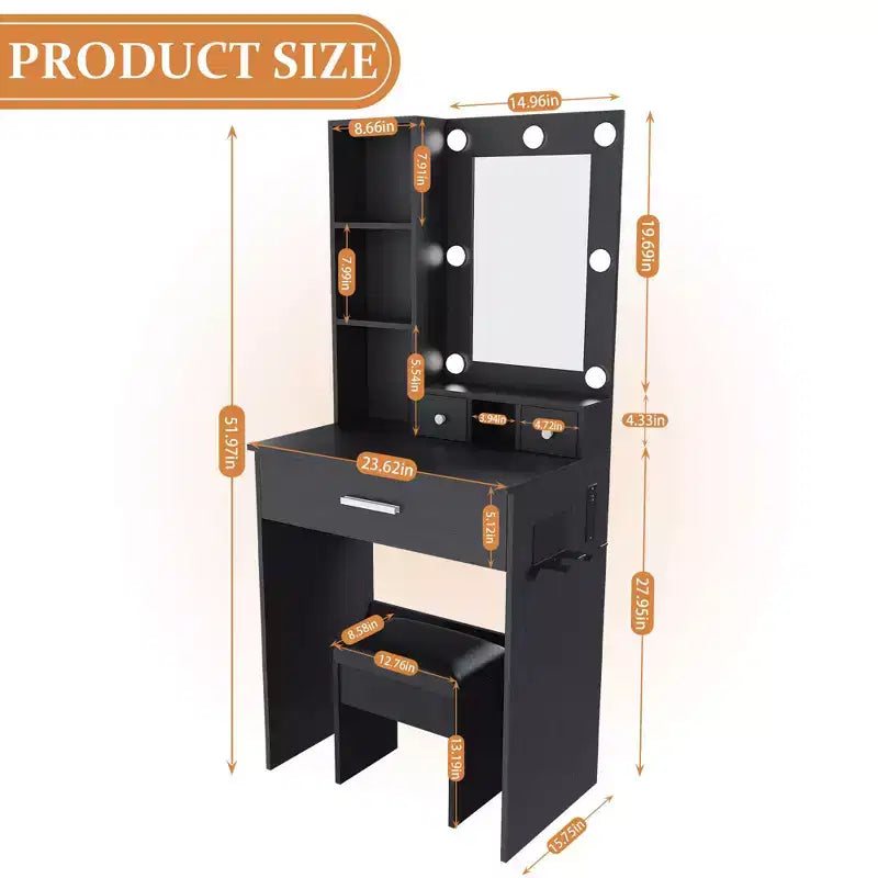 Coiffeuse moderne avec miroir, lumières LED réglables, prise de courant et tabouret