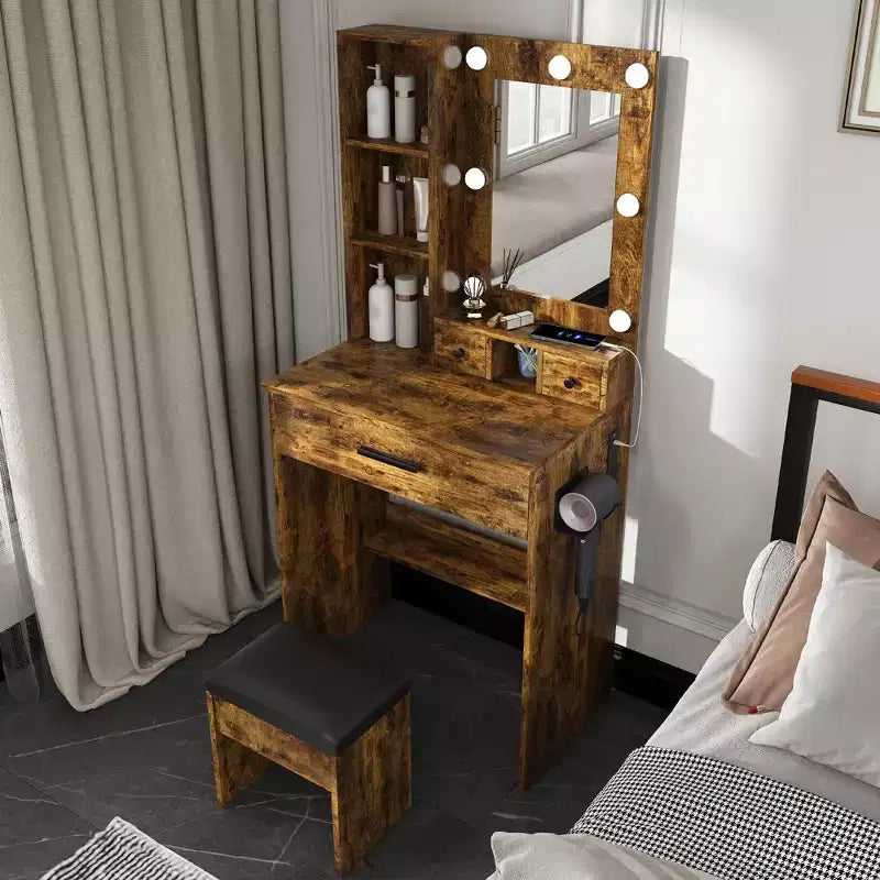 Coiffeuse moderne avec miroir, lumières LED réglables, prise de courant et tabouret