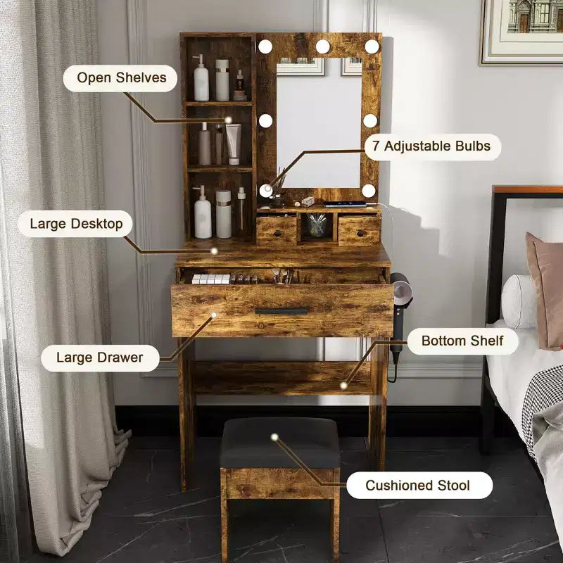 Coiffeuse moderne avec miroir, lumières LED réglables, prise de courant et tabouret
