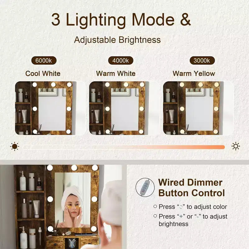 Coiffeuse moderne avec miroir, lumières LED réglables, prise de courant et tabouret