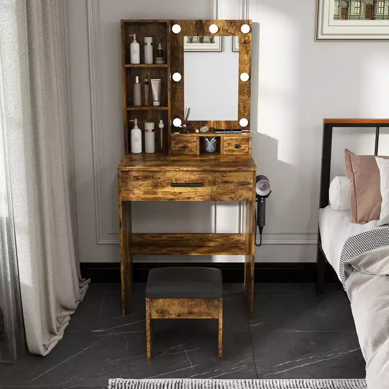 Coiffeuse moderne avec miroir, lumières LED réglables, prise de courant et tabouret