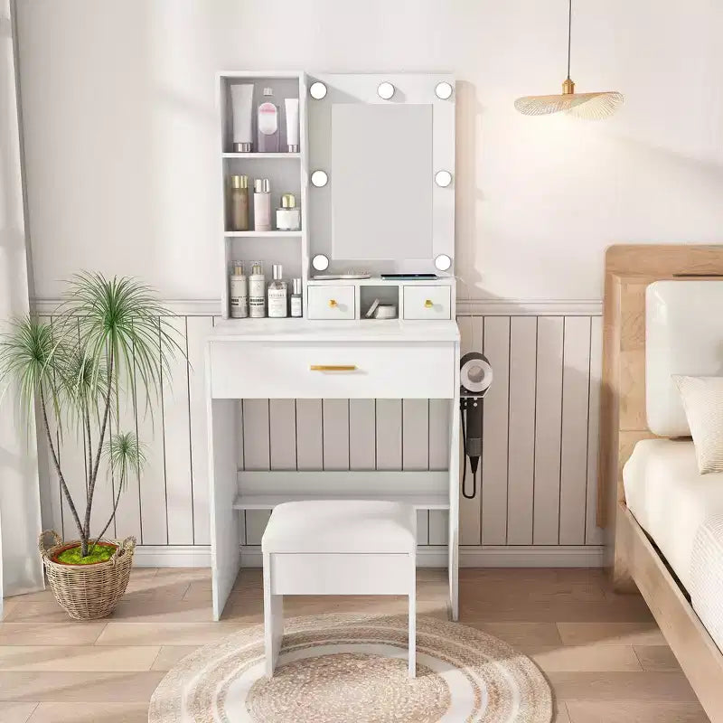 Coiffeuse moderne avec miroir, lumières LED réglables, prise de courant et tabouret