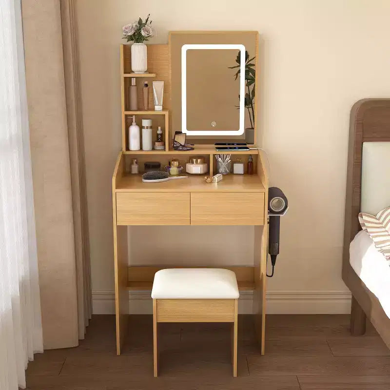 Coiffeuse moderne avec miroir, lumières LED réglables, prise de courant et tabouret