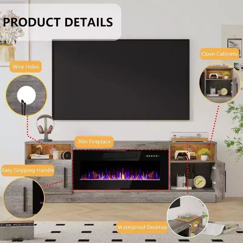 Meuble TV moderne pour téléviseurs jusqu'à 75'', meuble de divertissement en bois de 70'' avec rangement, compatible avec une cheminée électrique de 36'' (cheminée non incluse)
