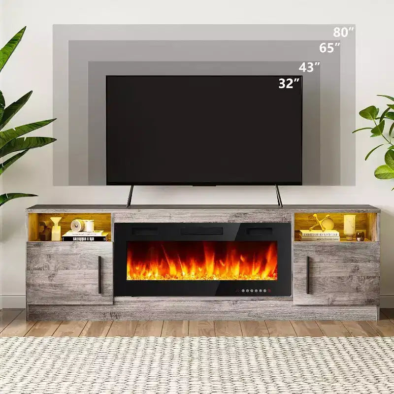 Meuble TV moderne pour téléviseurs jusqu'à 75'', meuble de divertissement en bois de 70'' avec rangement, compatible avec une cheminée électrique de 36'' (cheminée non incluse)