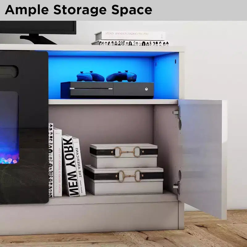Meuble TV moderne pour téléviseurs jusqu'à 75'', meuble de divertissement en bois de 70'' avec rangement, compatible avec une cheminée électrique de 36'' (cheminée non incluse)