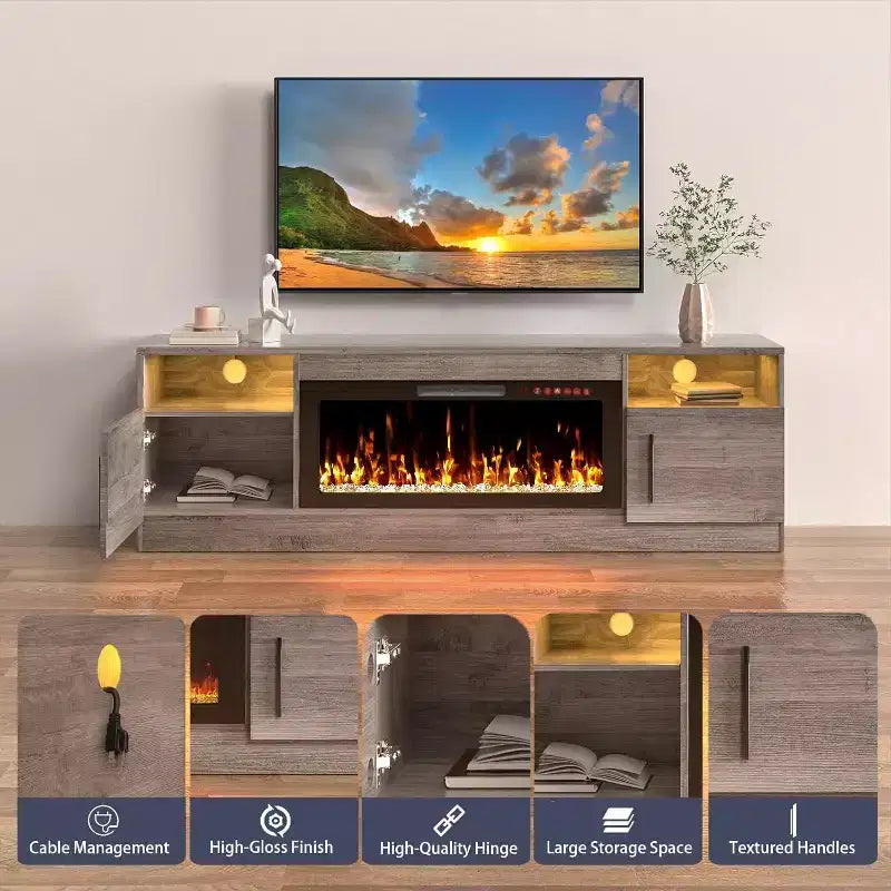 Meuble TV moderne pour téléviseurs jusqu'à 75'', meuble de divertissement en bois de 70'' avec rangement, compatible avec une cheminée électrique de 36'' (cheminée non incluse)