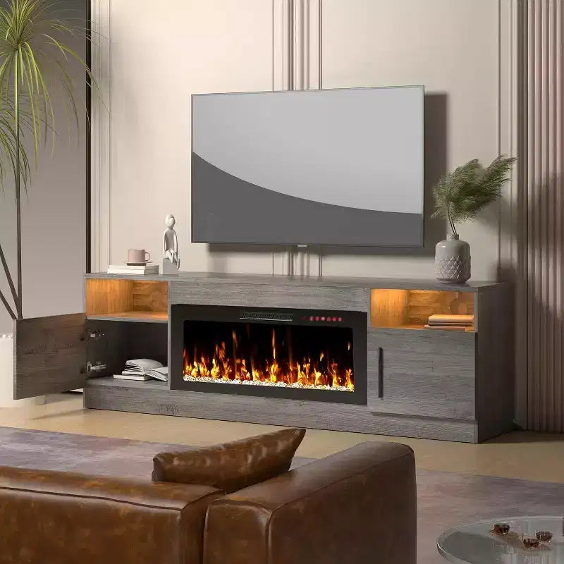 Meuble TV moderne pour téléviseurs jusqu'à 75'', meuble de divertissement en bois de 70'' avec rangement, compatible avec une cheminée électrique de 36'' (cheminée non incluse)