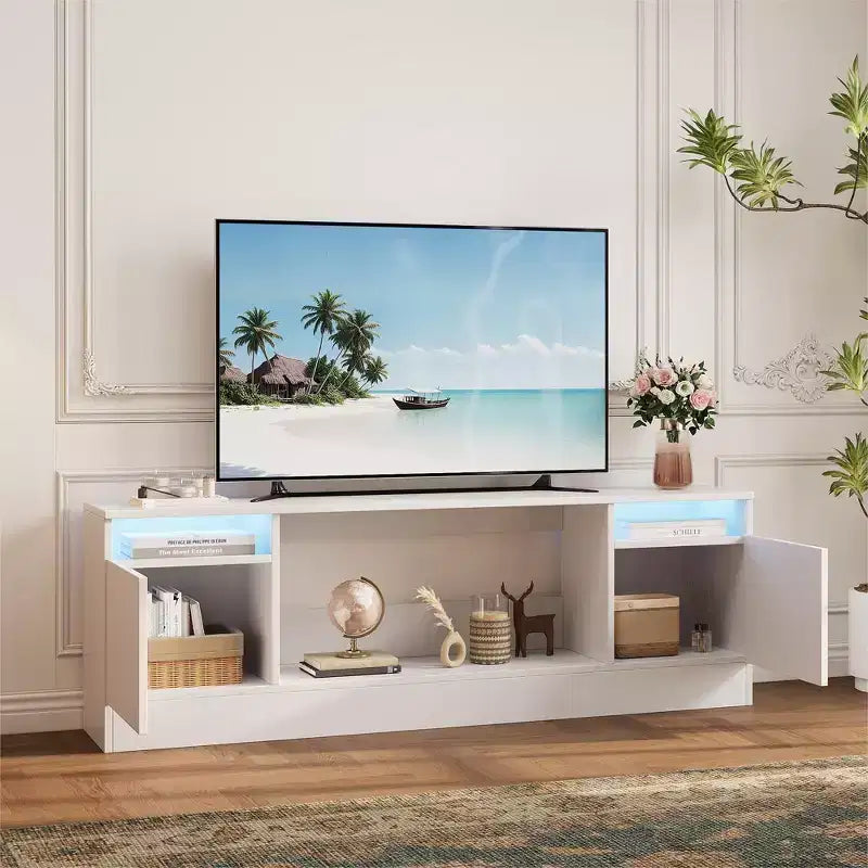 Meuble TV moderne pour téléviseurs jusqu'à 75'', meuble de divertissement en bois de 70'' avec rangement, compatible avec une cheminée électrique de 36'' (cheminée non incluse)