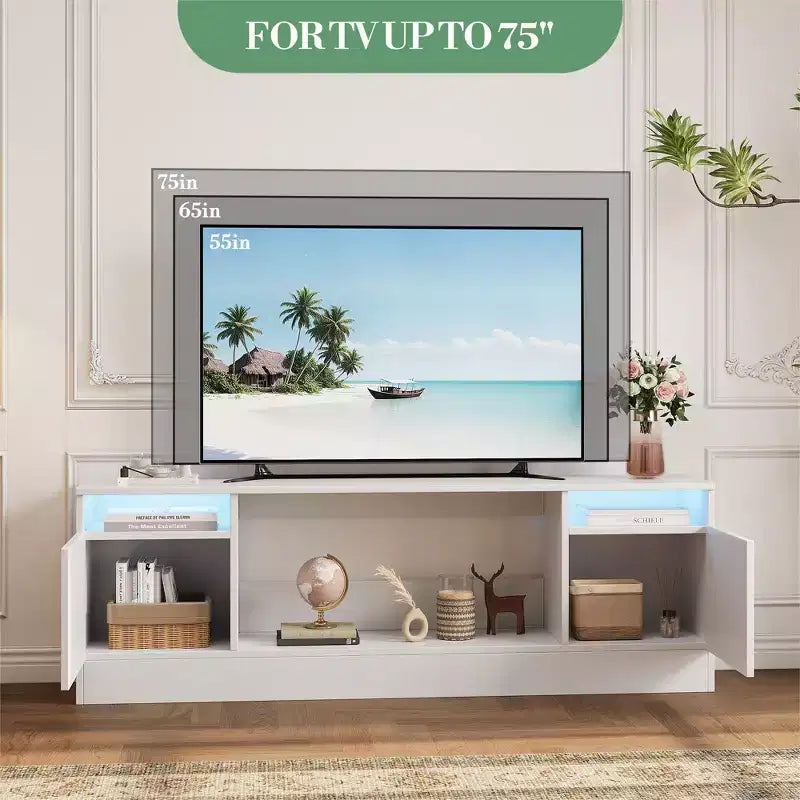 Meuble TV moderne pour téléviseurs jusqu'à 75'', meuble de divertissement en bois de 70'' avec rangement, compatible avec une cheminée électrique de 36'' (cheminée non incluse)