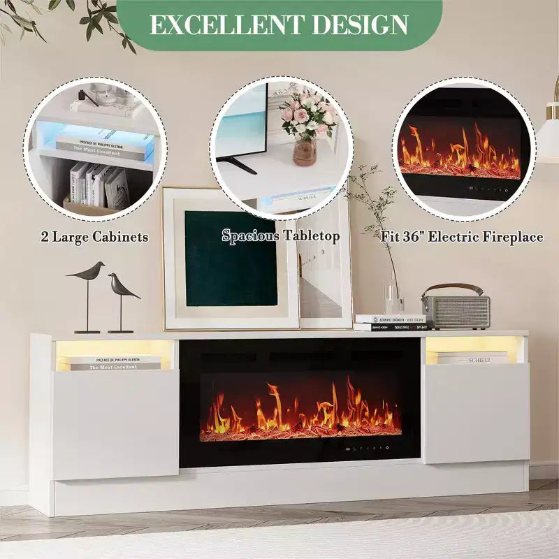 Meuble TV moderne pour téléviseurs jusqu'à 75'', meuble de divertissement en bois de 70'' avec rangement, compatible avec une cheminée électrique de 36'' (cheminée non incluse)
