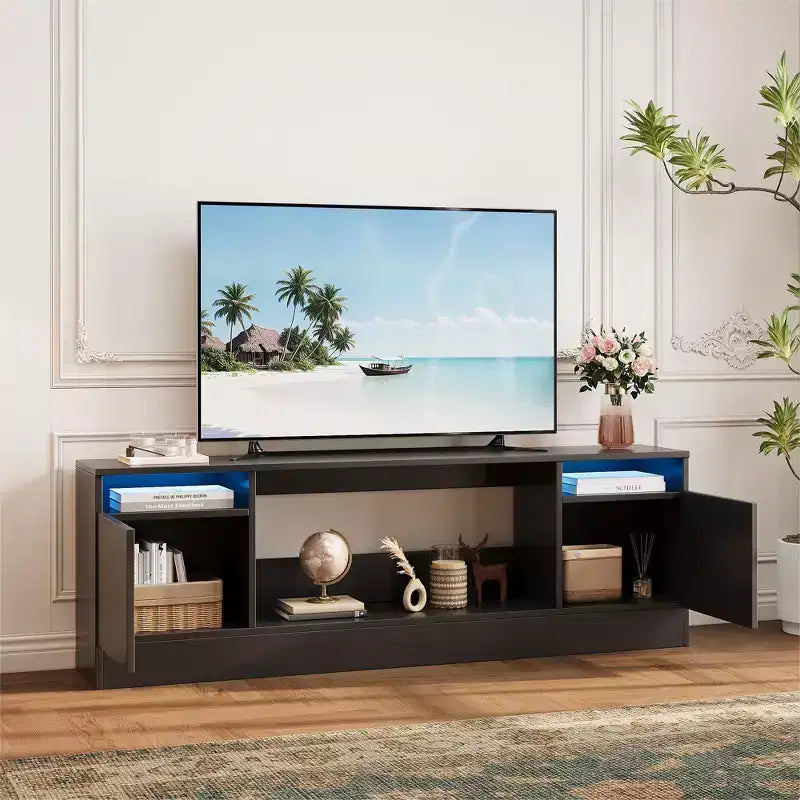 Meuble TV moderne pour téléviseurs jusqu'à 75'', meuble de divertissement en bois de 70'' avec rangement, compatible avec une cheminée électrique de 36'' (cheminée non incluse)