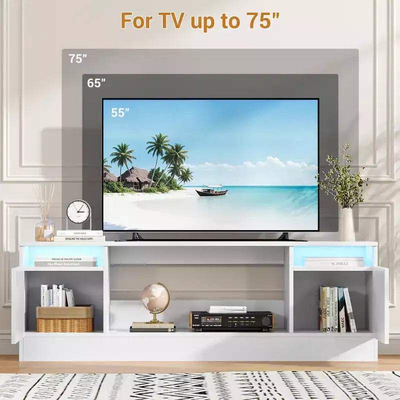 Meuble TV moderne pour téléviseurs jusqu'à 75'', meuble de divertissement en bois de 70'' avec rangement, compatible avec une cheminée électrique de 36'' (cheminée non incluse)