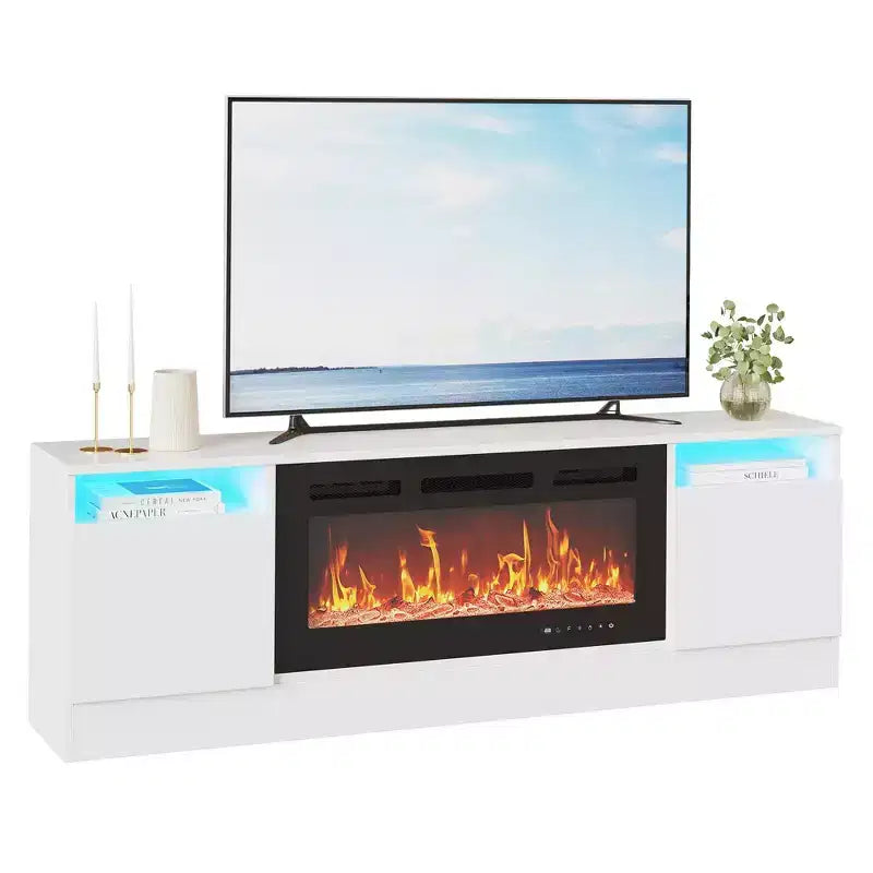 Meuble TV moderne pour téléviseurs jusqu'à 75'', meuble de divertissement en bois de 70'' avec rangement, compatible avec une cheminée électrique de 36'' (cheminée non incluse)