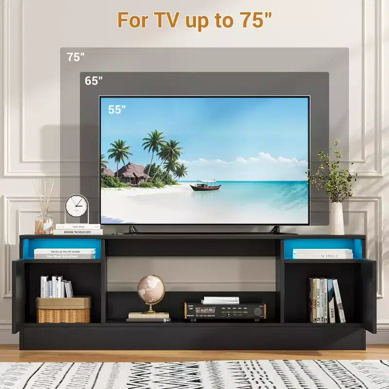 Meuble TV moderne pour téléviseurs jusqu'à 75'', meuble de divertissement en bois de 70'' avec rangement, compatible avec une cheminée électrique de 36'' (cheminée non incluse)