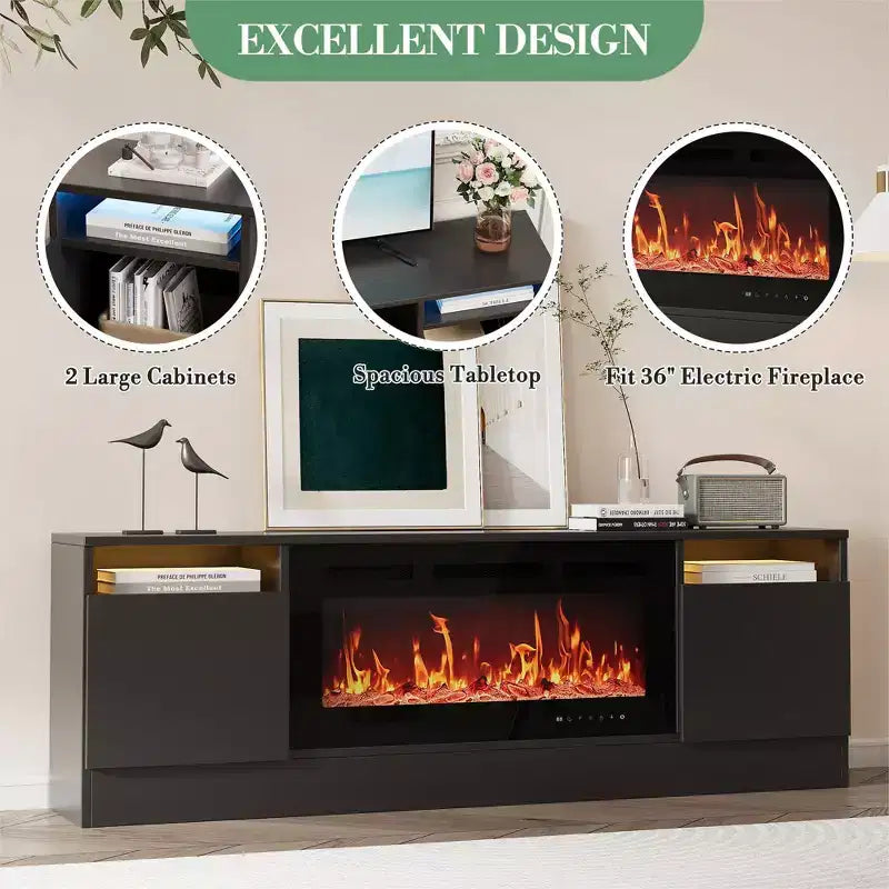 Meuble TV moderne pour téléviseurs jusqu'à 75'', meuble de divertissement en bois de 70'' avec rangement, compatible avec une cheminée électrique de 36'' (cheminée non incluse)