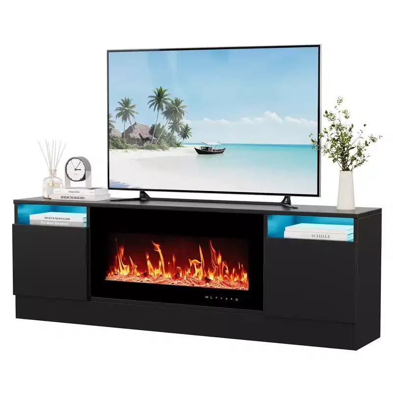 Meuble TV moderne pour téléviseurs jusqu'à 75'', meuble de divertissement en bois de 70'' avec rangement, compatible avec une cheminée électrique de 36'' (cheminée non incluse)
