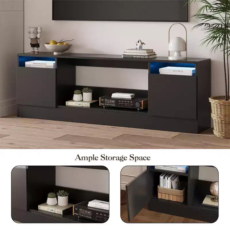 Meuble TV moderne pour téléviseurs jusqu'à 75'', meuble de divertissement en bois de 70'' avec rangement, compatible avec une cheminée électrique de 36'' (cheminée non incluse)