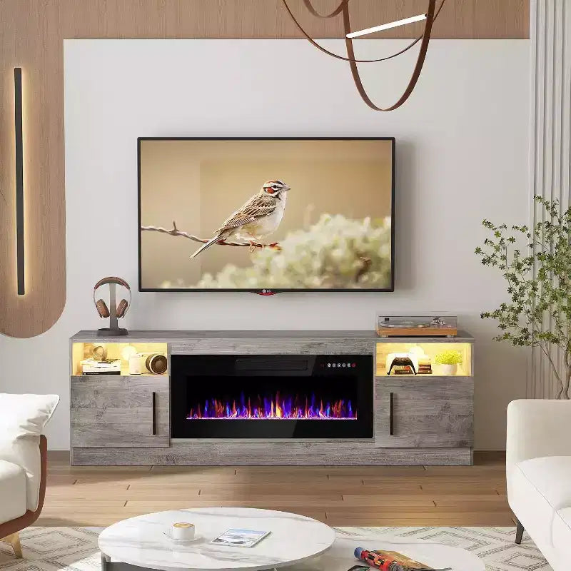 Meuble TV moderne pour téléviseurs jusqu'à 75'', meuble de divertissement en bois de 70'' avec rangement, compatible avec une cheminée électrique de 36'' (cheminée non incluse)
