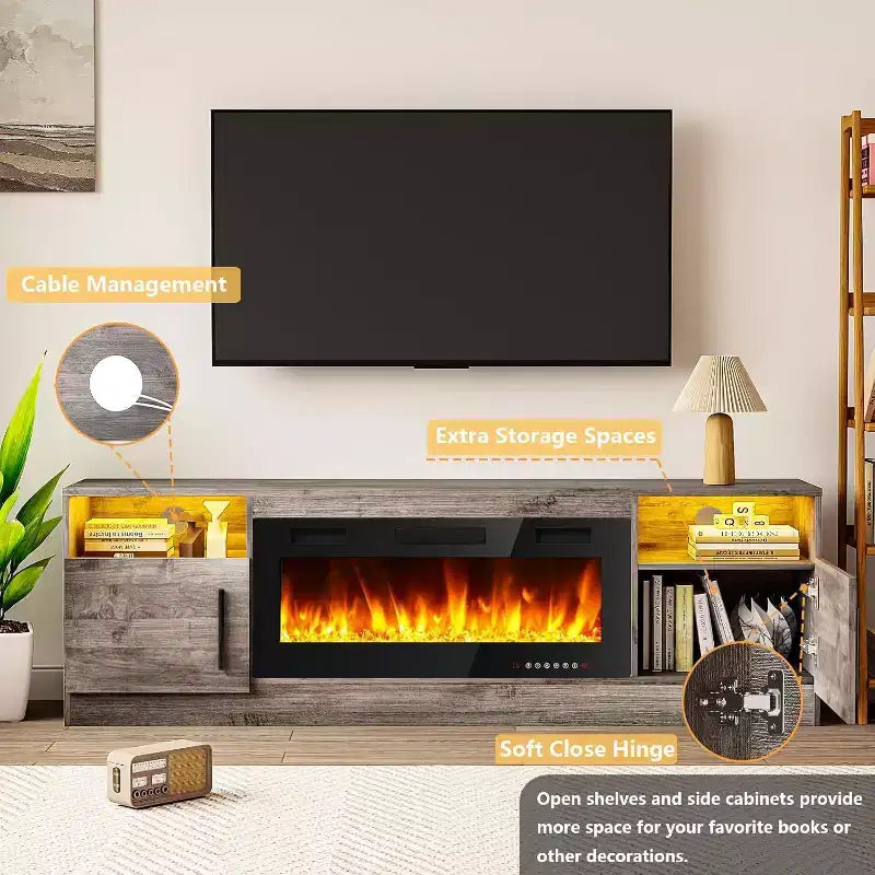 Meuble TV moderne pour téléviseurs jusqu'à 75'', meuble de divertissement en bois de 70'' avec rangement, compatible avec une cheminée électrique de 36'' (cheminée non incluse)