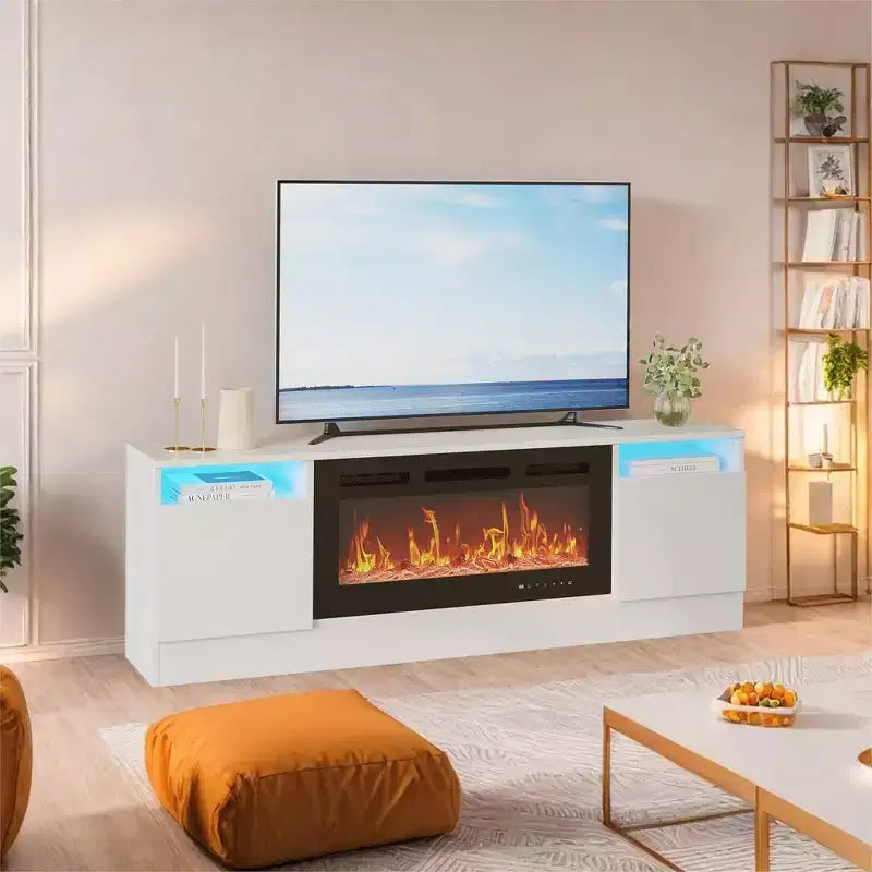 Meuble TV moderne pour téléviseurs jusqu'à 75'', meuble de divertissement en bois de 70'' avec rangement, compatible avec une cheminée électrique de 36'' (cheminée non incluse)