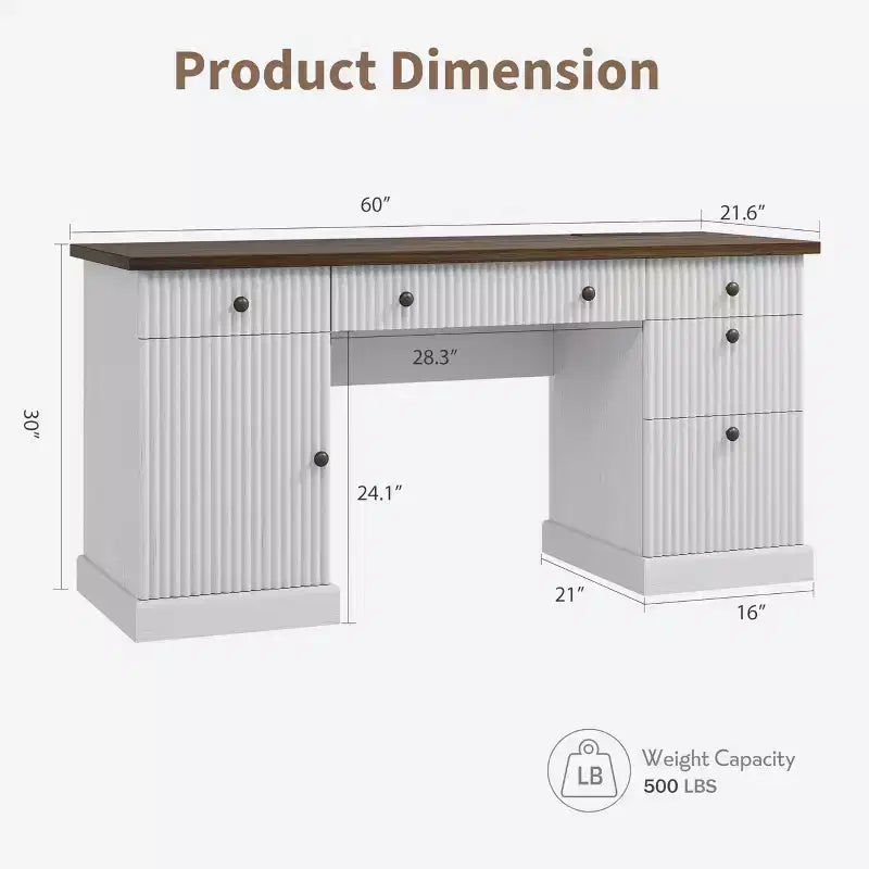 Rangement de bureau cannelé pour bureau à domicile, bureau de direction moderne de 60 pouces avec station de charge, bureau d'ordinateur en bois avec tiroirs de classement pour salle d'étude