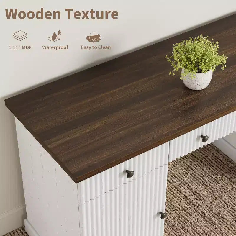 Rangement de bureau cannelé pour bureau à domicile, bureau de direction moderne de 60 pouces avec station de charge, bureau d'ordinateur en bois avec tiroirs de classement pour salle d'étude